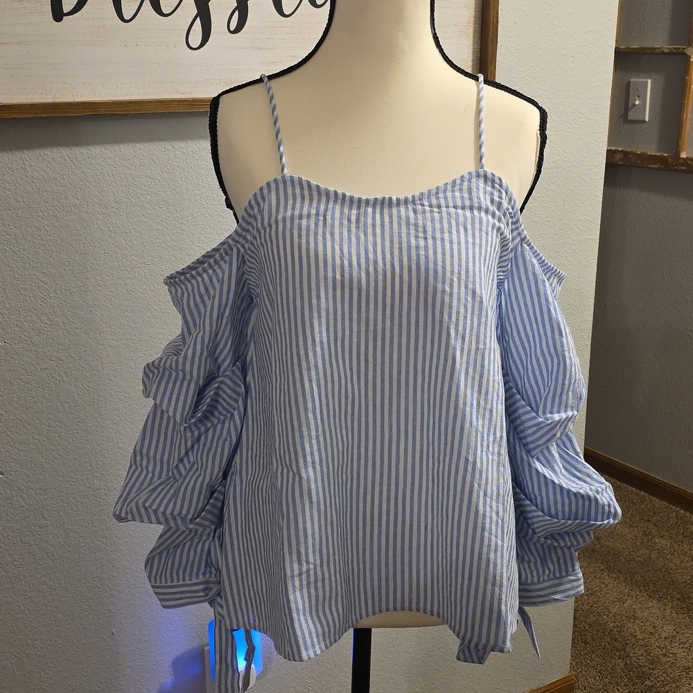 Blue Striped Women's Blouse with Ruffle Sleeves